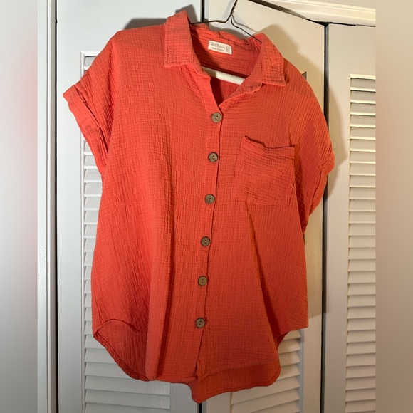 Just Living Coral Button-Up Blouse - Picture 3 of 4